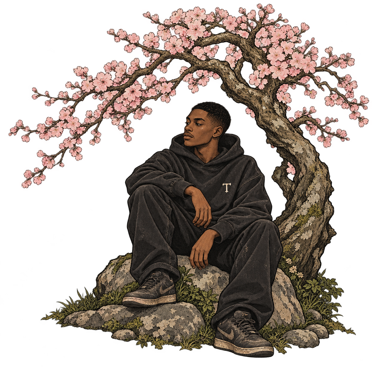 An illustrated man in a T-logo hoodie resting under a cherry blossom tree